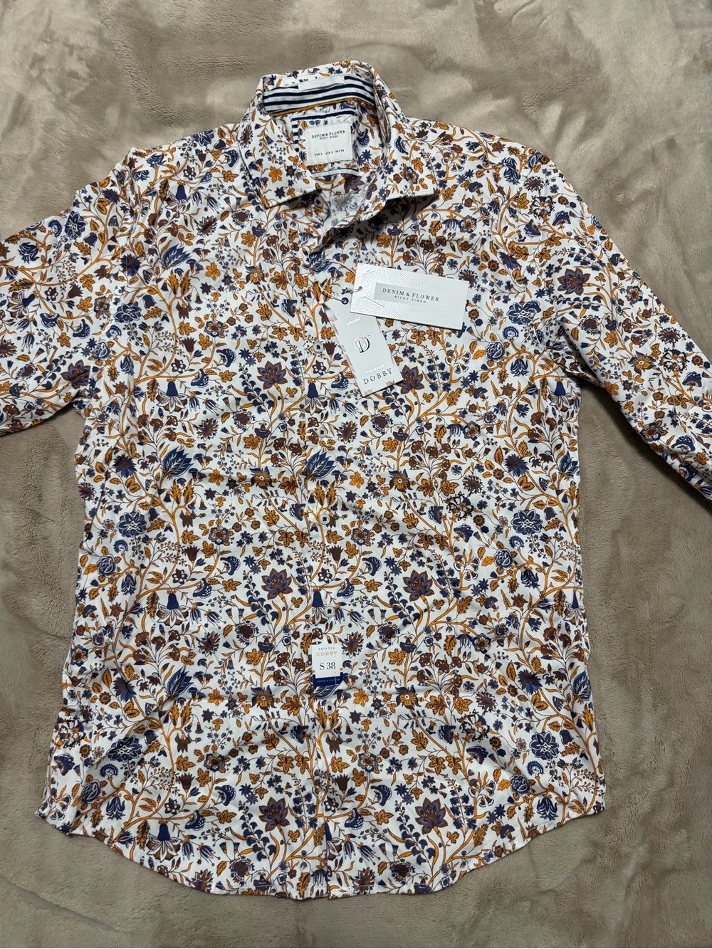 Denim & Flower White Floral Button-Down with Navy & Brown Accents Dobby Print